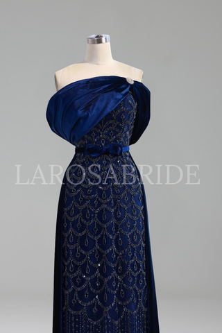 Navy Blue Beaded Evening Dress - LAROSABRIDE