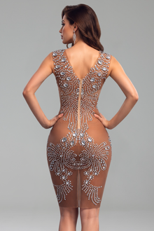 Crystal Embellished Illusion Mini Dress - LAROSABRIDE