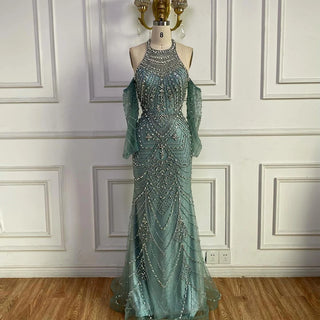 Ships in 2 to 5 Days - Elegant Beaded Halter Gown with Sheer Sleeves