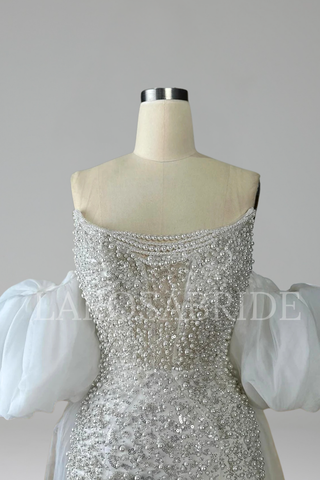 Beaded Evening Dress Puff Sleeves - LAROSABRIDE
