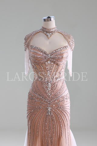 Beaded Dress with Tassel Cape - LAROSABRIDE