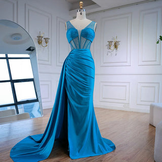 Ships in 2 to 5 Days - Luxury Blue Prom Dress – Spaghetti Strap Evening Gown with Dramatic Side Overskirt.