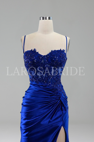 Satin Lace Beaded Slit Gown - LAROSABRIDE