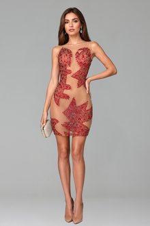 Illusion Crystal Embellished Mini Dress - LAROSABRIDE
