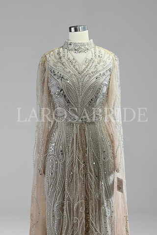 Silver Beaded Modest Gown - LAROSABRIDE