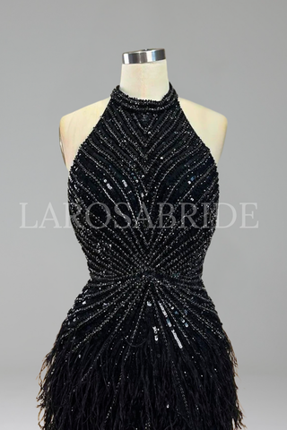 Feather Beaded Halter Mermaid Dress
