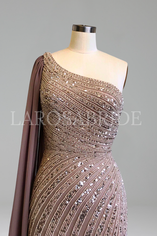 One-Shoulder Beaded Split Gown