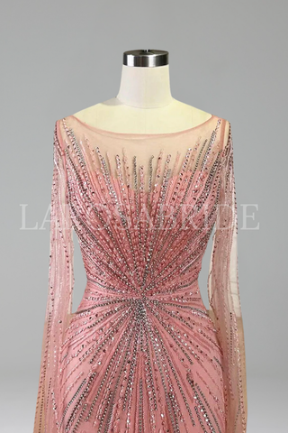 Feather Cape Sleeve Evening Dress