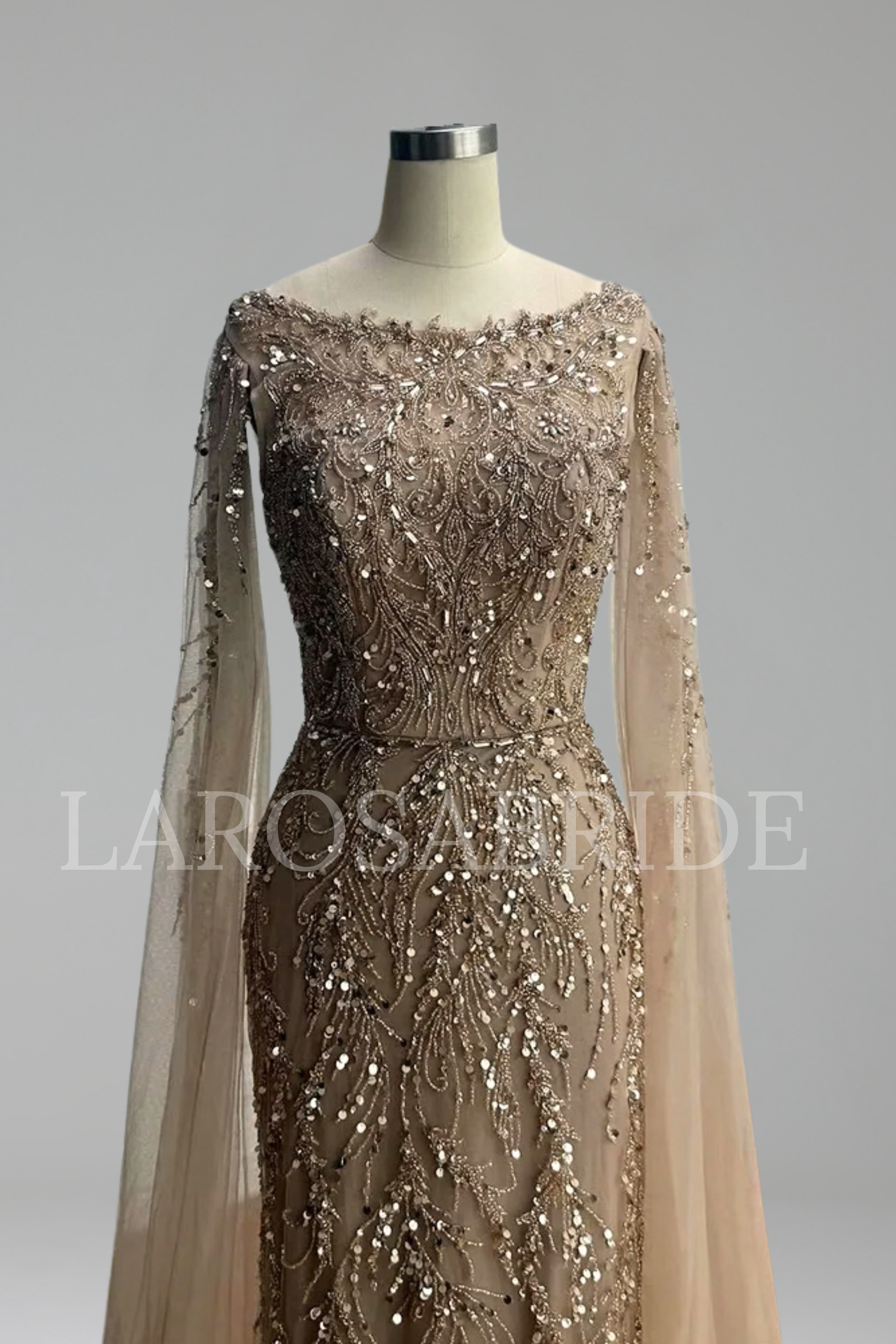 Caramel Beaded Evening Gown with Cape Sleeves - LAROSABRIDE