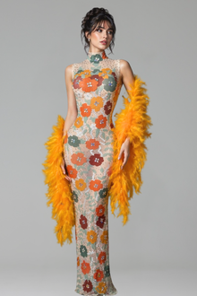 Floral High Neck Gown with Feathers - LAROSABRIDE