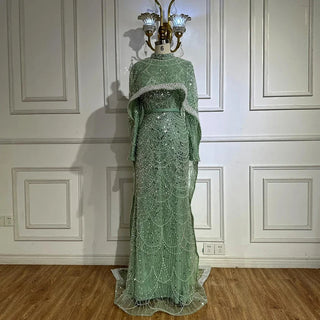 Ships in 2 to 5 Days - 2025 Modest Muslim Arabic Pearl Beaded Mermaid Evening Gown with Cape – Hijab-Friendly Formal Dress