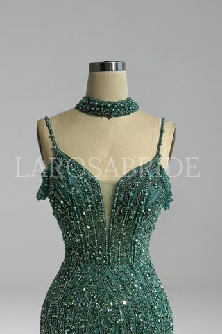 Beaded Spaghetti Strap Split Gown - LAROSABRIDE