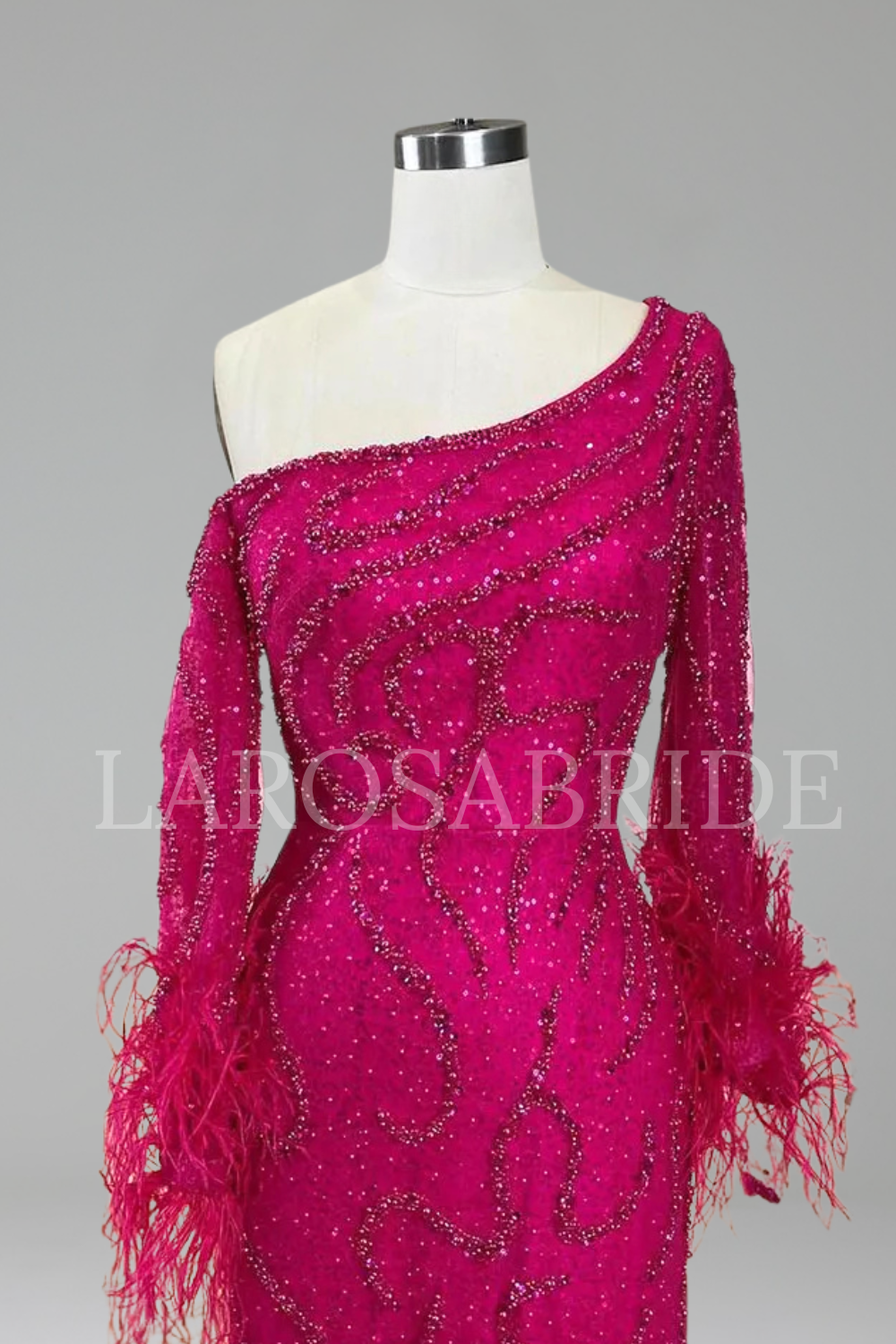 Beaded Feather One Shoulder Dress - LAROSABRIDE