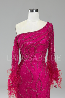 Beaded Feather One Shoulder Dress - LAROSABRIDE