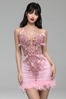 Feather Trim Embellished Mini Dress - LAROSABRIDE