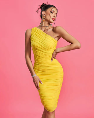 Ships in 2 to 5 Days – 2025 Sexy One-Shoulder Sleeveless Bodycon Midi Dress - Cute Summer Party Club Dress for Women