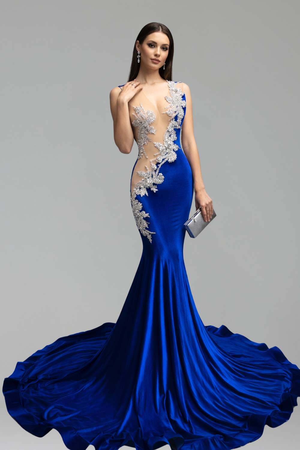 Blue Satin Embellished Mermaid Gown - LAROSABRIDE