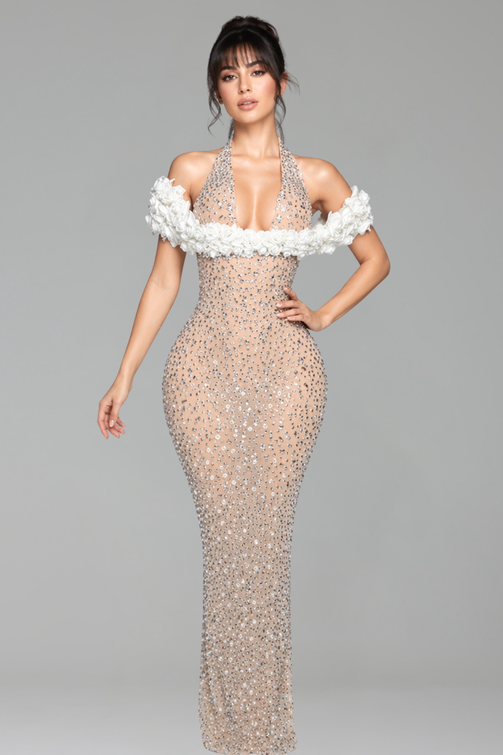 Crystal Embellished Off Shoulder Mermaid Gown - LAROSABRIDE