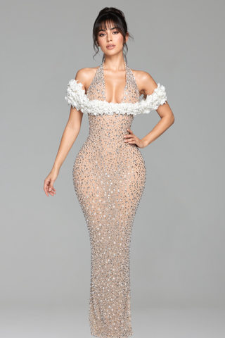 Crystal Embellished Off Shoulder Mermaid Gown - LAROSABRIDE