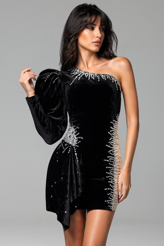 One-Shoulder Crystal Velvet Mini Dress
