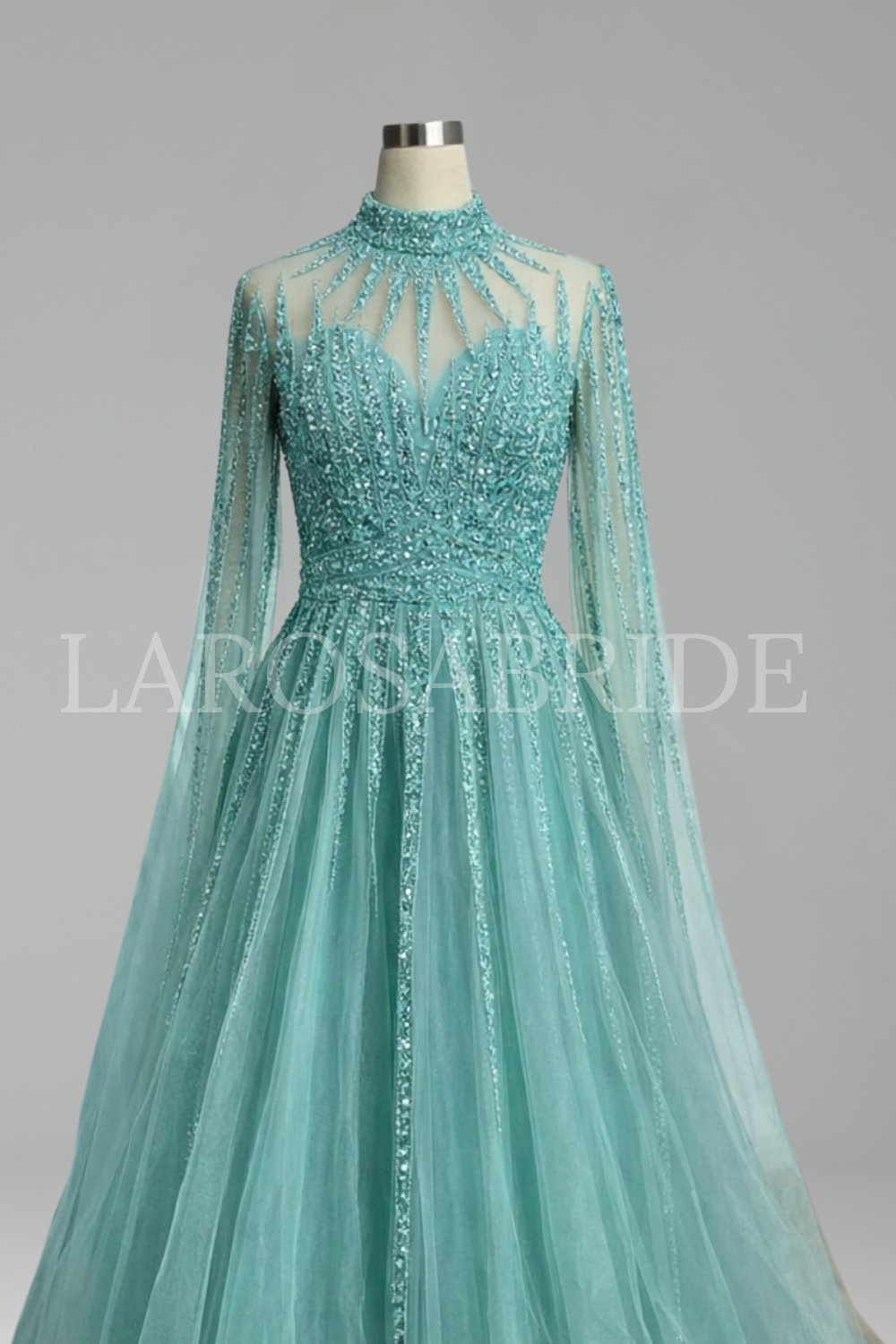 Beaded Cape Sleeve A-Line Dress - LAROSABRIDE