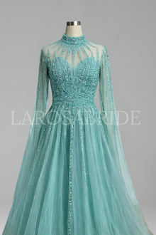 Beaded Cape Sleeve A-Line Dress - LAROSABRIDE