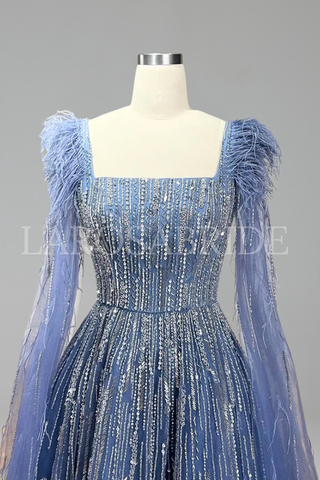 Feather Beaded Cape Dress