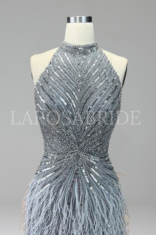 Feather Beaded Halter Mermaid Dress