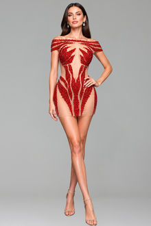 Off-Shoulder Sheer Embellished Mini Dress - LAROSABRIDE
