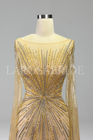 Feather Cape Sleeve Evening Dress