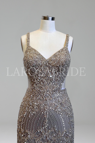 Beaded Spaghetti Strap Mermaid Gown