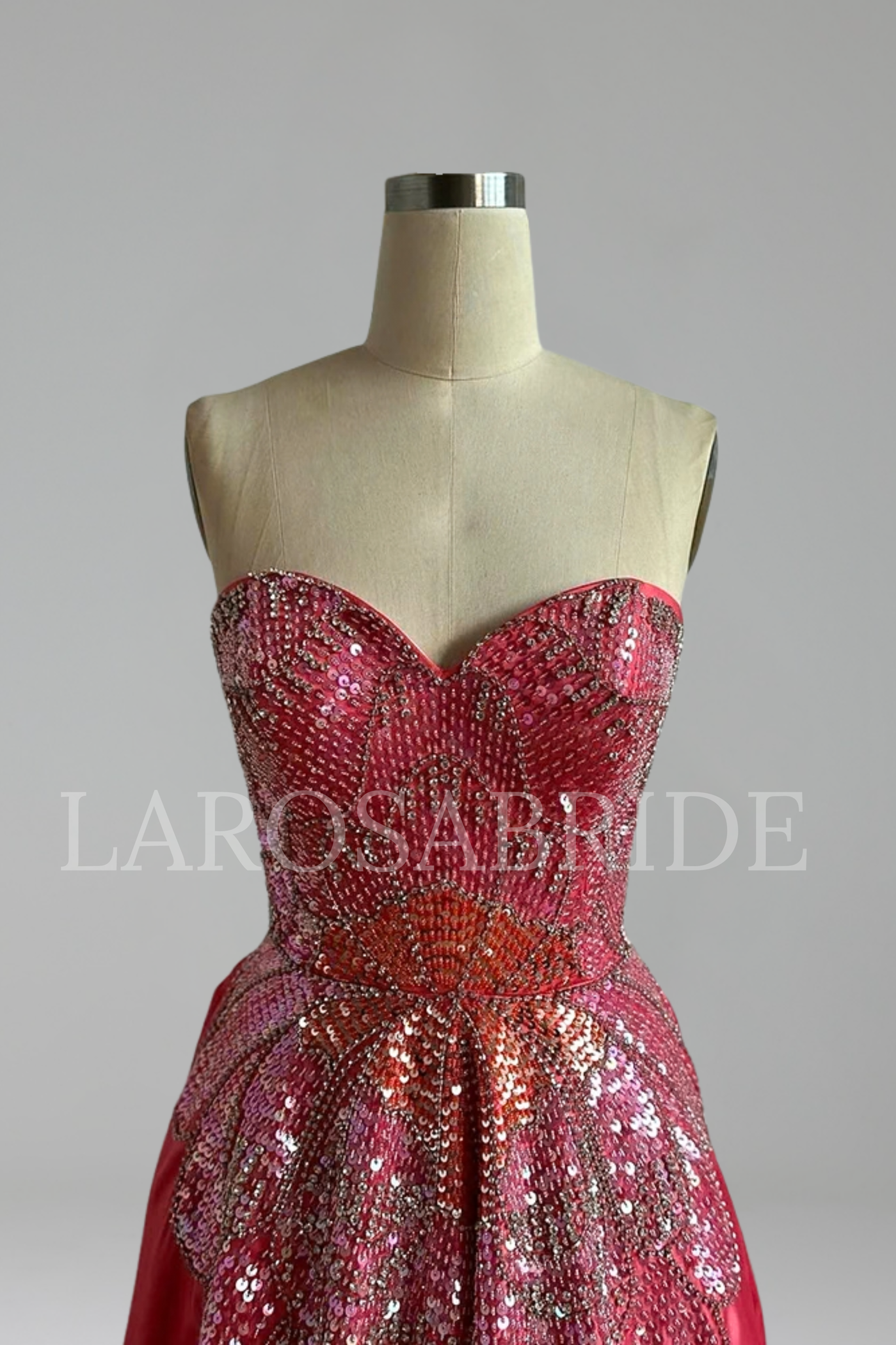 Pink A-Line Satin Beaded Evening Gown - LAROSABRIDE