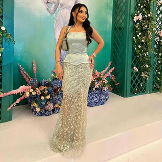 2025 Luxury Sage Green Beaded Evening Gown with Spaghetti Straps – Elegant Formal Occasion Dress