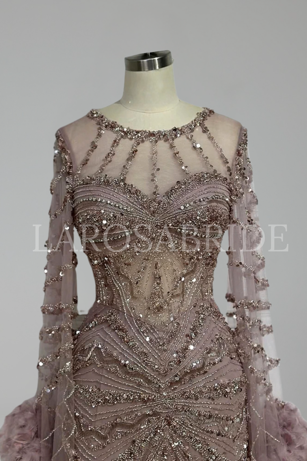 Beaded Mermaid Gown with Feather Cuffs - LAROSABRIDE
