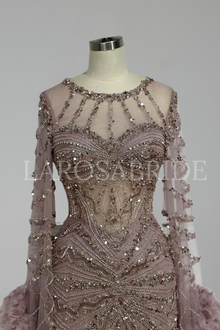 Beaded Mermaid Gown with Feather Cuffs - LAROSABRIDE