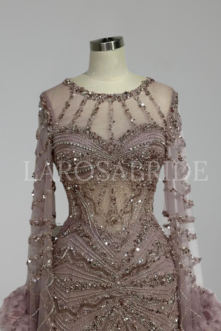 Beaded Mermaid Gown with Feather Cuffs - LAROSABRIDE