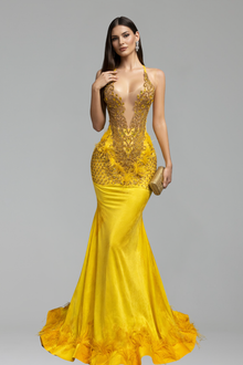 Feathered Embellished Mermaid Gown - LAROSABRIDE