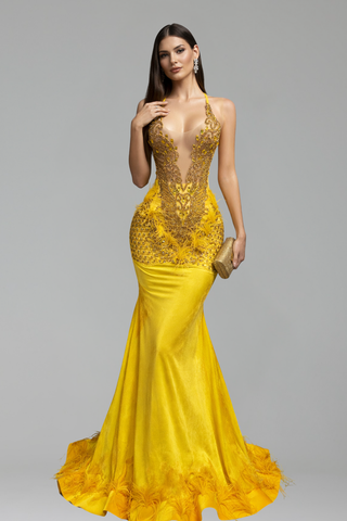 Feathered Embellished Mermaid Gown