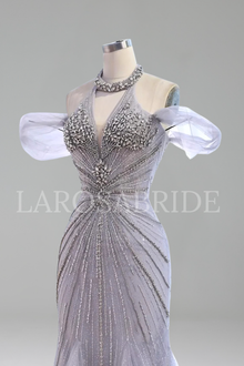 Off Shoulder Feather Beaded Mermaid Gown - LAROSABRIDE