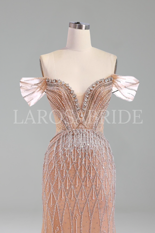 Off-Shoulder Beaded Tassel Gown