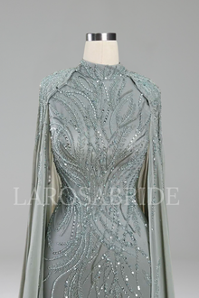 Beaded Satin Mermaid Cape Gown - LAROSABRIDE