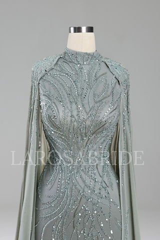 Beaded Satin Mermaid Cape Gown - LAROSABRIDE