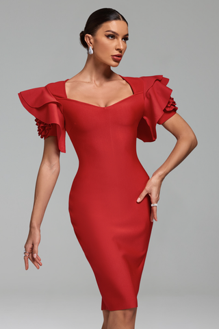 Ruffled-Sleeve Red Midi-Larosabride