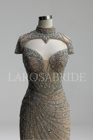Beaded High Neck Mermaid Dress - LAROSABRIDE