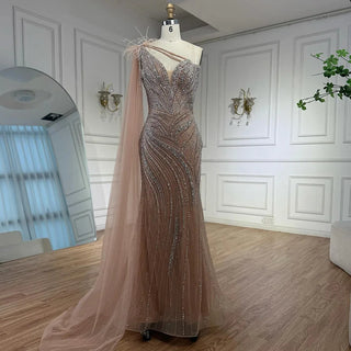 Nude Beaded One-Shoulder Dress
