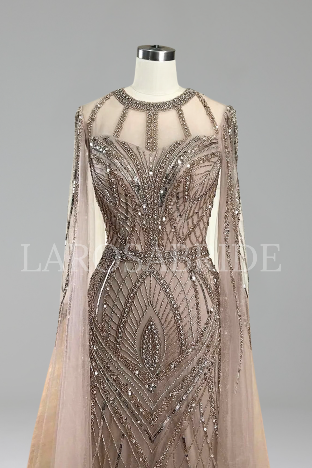 Beaded Mermaid Dress with Cape Sleeves - LAROSABRIDE