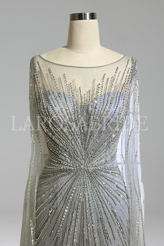 Feather Cape Sleeve Evening Dress