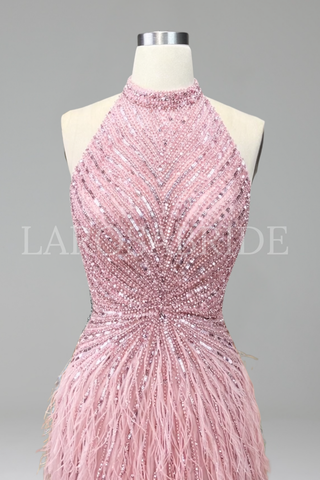 Feather Beaded Halter Mermaid Dress