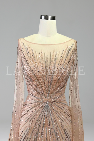 Feather Cape Sleeve Evening Dress