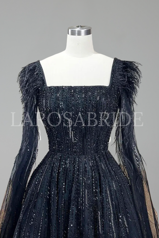 Feather Beaded Cape Dress - LAROSABRIDE
